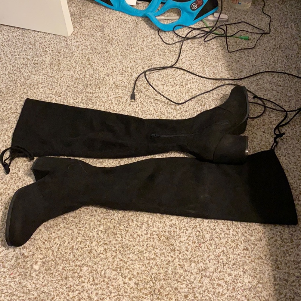 Thigh high, black faux leather with tie